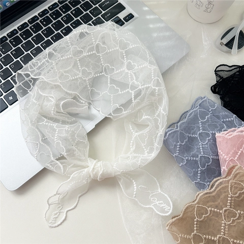 Pañuelo Triangular De Encaje Bordado De Corazón Malla Borde Festoneado Diadema Mujer Dulce Elegante
