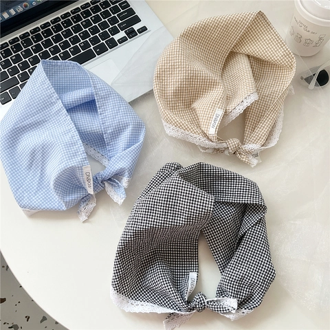 Gingham Check Triangular Bandana Scarf With Lace Trim Cotton Linen Retro Headscarf For Women Sweet Fashion Accessory