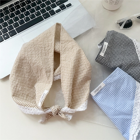 Gingham Check Triangular Bandana Scarf With Lace Trim Cotton Linen Retro Headscarf For Women Sweet Fashion Accessory