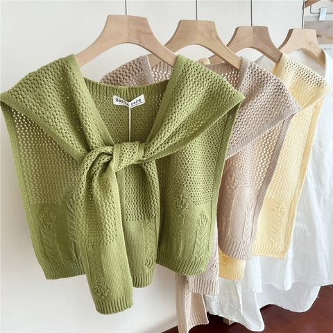 Women Knitted Shawl Hollow Out Crochet False Collar Decorative Shoulder Wrap Solid Color Tie Front For Dresses