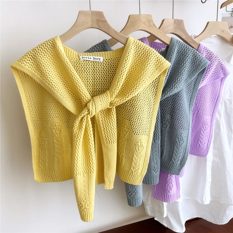 Women Knitted Shawl Hollow Out Crochet False Collar Decorative Shoulder Wrap Solid Color Tie Front For Dresses
