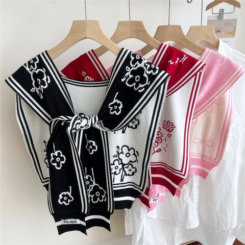 Scialle In Maglia Da Donna Fiori Fiocco Finto Colletto Bordo Rigato Sciarpa Staccabile Decorativa Accessorio Chic