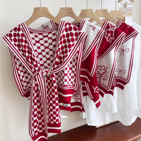 Scialle In Maglia Da Donna Fiori Fiocco Finto Colletto Bordo Rigato Sciarpa Staccabile Decorativa Accessorio Chic