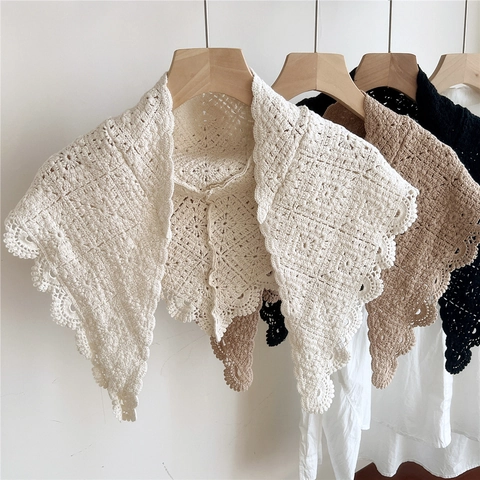 Cotton Crochet Hollow Triangle Scarf Retro Mori Plaid Pattern Scalloped Lace Edge Breathable Women Shawl Fake Collar