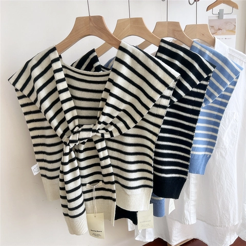 Scialle In Lana A Maglia A Righe Con Fiocco Coprispalle Versatile Colletto Finto Decorativo Per Donna