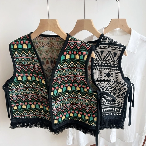 Women Ethnic Jacquard Vest Shawl Bohemian Folk Style Embroidery Tassel Wrap Vintage Side Tie Cropped Vest