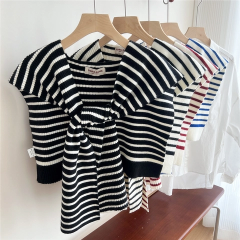 Scialle In Maglia A Righe Donna Morbida Misto Lana Finto Colletto Sciarpa Rimovibile Accessorio Moda Versatile