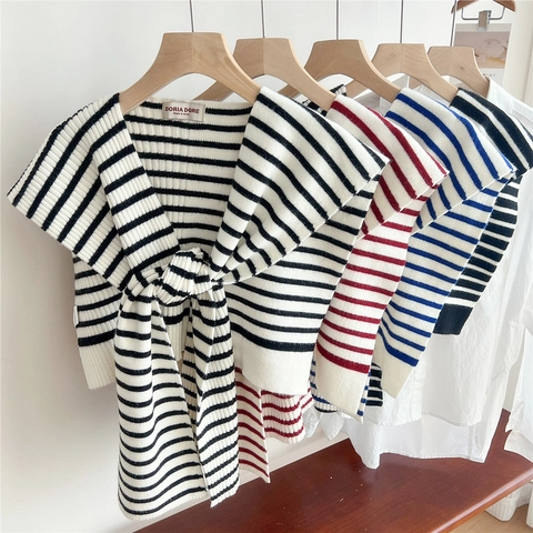 Scialle In Maglia A Righe Donna Morbida Misto Lana Finto Colletto Sciarpa Rimovibile Accessorio Moda Versatile