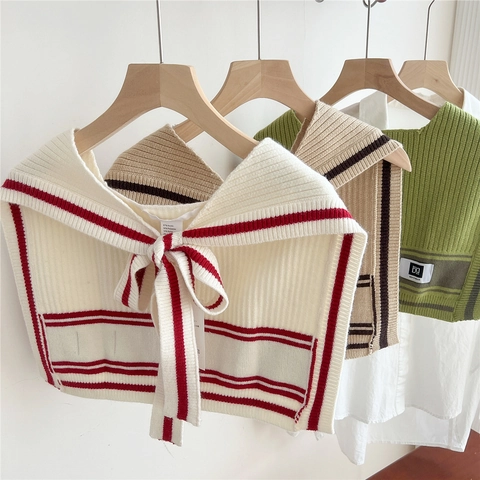 Faux Col Tricoté À Rayures Châle Nœud Papillon Amovible Mélange Acrylique Polyester Laine Style Preppy Femmes