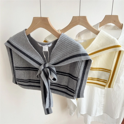 Faux Col Tricoté À Rayures Châle Nœud Papillon Amovible Mélange Acrylique Polyester Laine Style Preppy Femmes