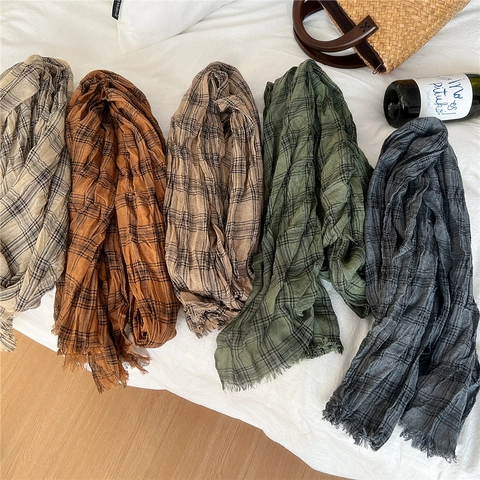 Lange Baumwolle Leinen Schal Karo Muster Plissee Textur Fransen Trim Casual Vielseitig Koreanischer Stil Für Frauen