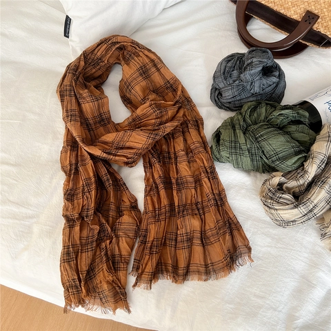 Lange Baumwolle Leinen Schal Karo Muster Plissee Textur Fransen Trim Casual Vielseitig Koreanischer Stil Für Frauen