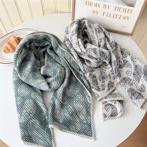Sciarpa Lunga Pieghettata Con Stampa Paisley Da Donna Misto Cotone Lino Vintage Bohémien Protezione Solare Bordo Ondulato