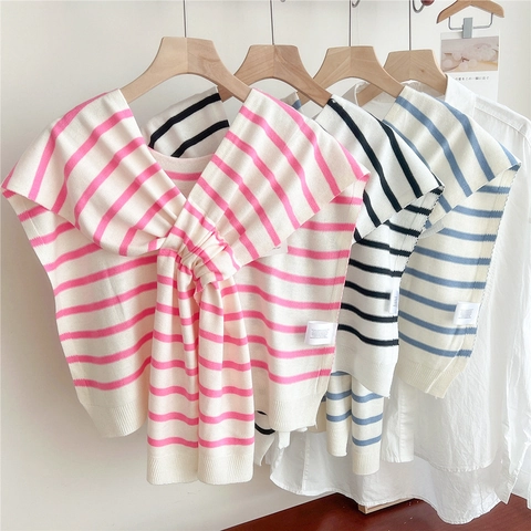 Women Striped Knitted Shoulder Shawl Fake Collar Twisted Front Wrap For Air Conditioned Room Elegant Versatile Accessory