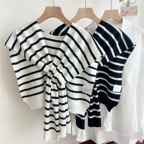 Women Striped Knitted Shoulder Shawl Fake Collar Twisted Front Wrap For Air Conditioned Room Elegant Versatile Accessory