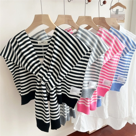 Women Striped Knit Shawl Chic Detachable Fake Collar Knot Scarf Wrap Shoulder Accessories Minimalist