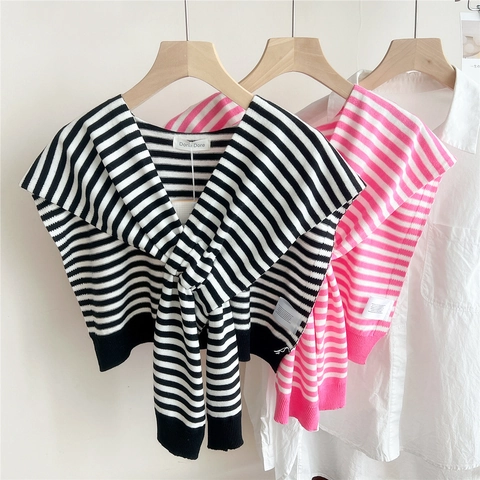 Women Striped Knit Shawl Chic Detachable Fake Collar Knot Scarf Wrap Shoulder Accessories Minimalist