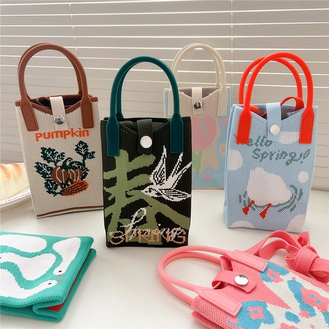 Mini Borsa A Tracolla In Maglia Con Motivo Animali Cartoni Animati Tasca Per Cellulare Con Manico Per Donna