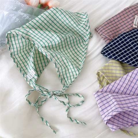 Pañuelo Triangular De Algodón A Cuadros Bandana Para Mujer Estilo Fresco Accesorio Para El Cabello Plaid