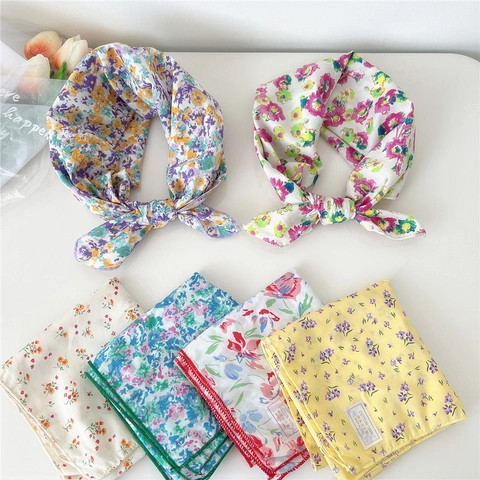 Foulard Carré En Coton Imprimé Floral Élégant Style Pastoral Bandeau Polyvalent Attache Cheveux Écharpe De Cou Femme Respirant