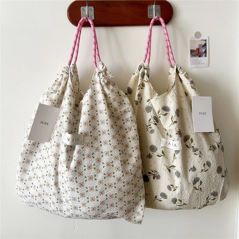 Borsa Tote Con Stampa Floreale Tessuto Pieghettato Grande Capacità Borsa A Tracolla Coulisse Manici In Corda Intrecciata