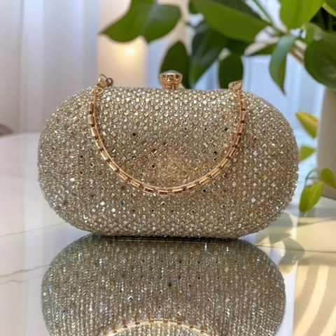 Luxury Rhinestone Evening Clutch Bag For Women Oval Hard Shell Sparkling Crystal Banquet Handbag With Metal Chain Strap