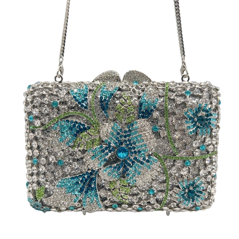 Floral Rhinestone Evening Clutch Bag Hollow Out Alloy Metal Flower Luxury Party Handbag With Chain Strap For Women