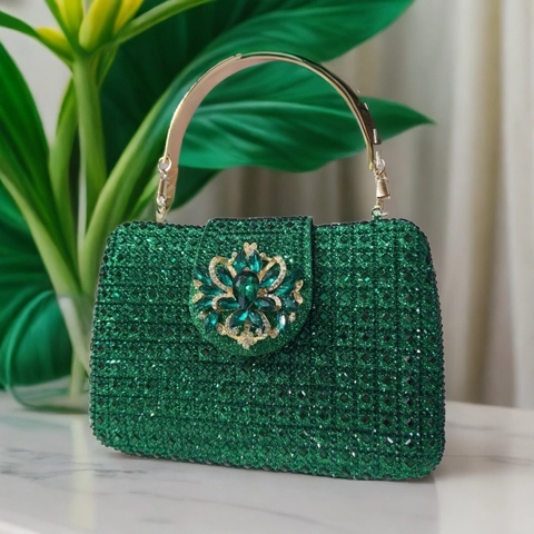 Rhinestone Evening Bag Gemstone Flower Clasp Hard Shell Clutch Metal Handle Party Wedding Elegant Ladies Banquet Purse