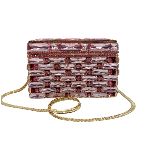 Pochette Da Sera Rosa Con Strass Lega Scatola Cristallo Lusso Banchetto Festa Borsa Con Catena Donne
