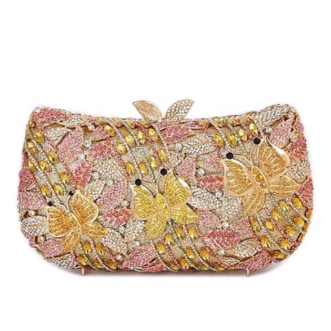 Borsa Da Sera Lusso Donna Metallo Farfalla Fiore Motivo Strass Cristallo Festa Banchetto Borsa Con Catena