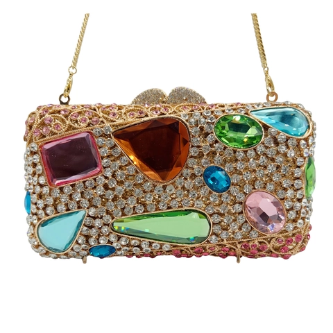 Luxury Evening Clutch Bag Alloy Rhinestone Crystal Hollow Hard Shell Chain Strap For Women Party Banquet Wedding Elegant