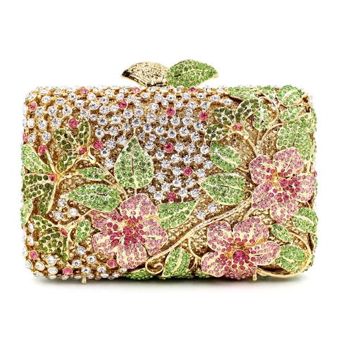 Pochette Da Sera Floreale Con Strass Lusso Metallo Cavo Cristallo Guscio Rigido Matrimonio Festa Con Catena Rimovibile