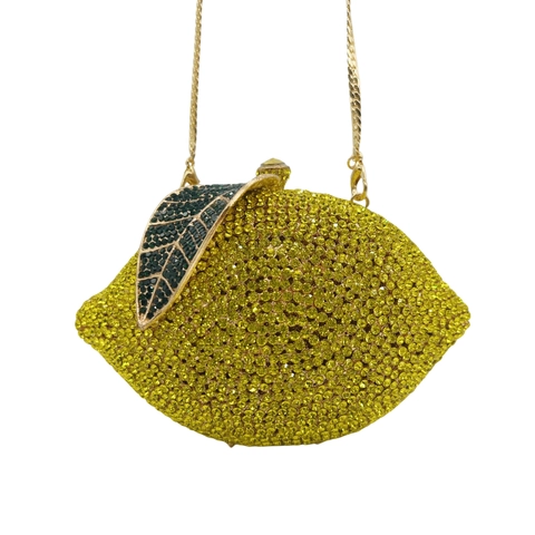 Citroenvormige Avondtas Met Strass Kristal Fruit Luxe Party Bruiloft Handtas Met Metalen Ketting Voor Dames