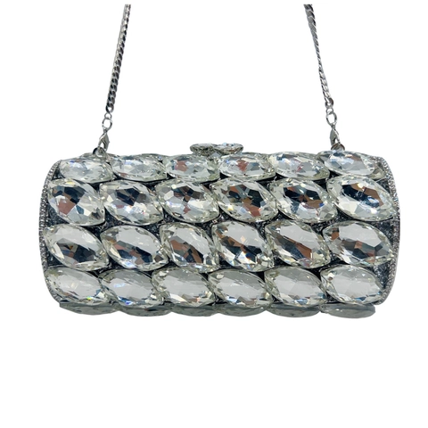 Luxus Zylinder Abendtasche Marquise Glas Strass Besetzt Metallkette Party Hochzeit Damen