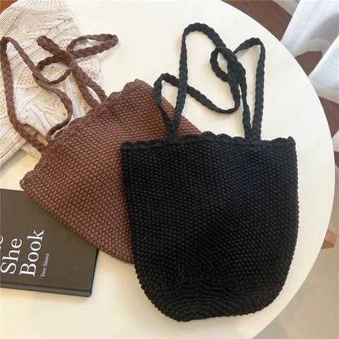 Bolso De Mano De Punto Para Mujer Color Sólido Gran Capacidad Estilo Coreano Ganchillo Bolso De Hombro Bolso Minimalista Casual