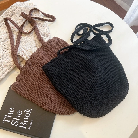 Bolso De Mano De Punto Para Mujer Color Sólido Gran Capacidad Estilo Coreano Ganchillo Bolso De Hombro Bolso Minimalista Casual