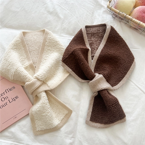 Winter Knit Scarf Cross Insert Neck Warmer Thickened Warm Color Block Soft Plush Scarf For Women Girls