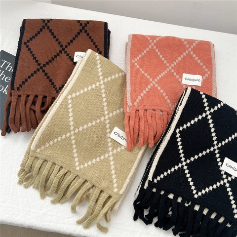 Sciarpa In Maglia Con Motivo A Rombi Argyle Per Donna Inverno Caldo Morbido Spesso Scaldacollo Con Frange