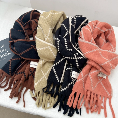 Sciarpa In Maglia Con Motivo A Rombi Argyle Per Donna Inverno Caldo Morbido Spesso Scaldacollo Con Frange