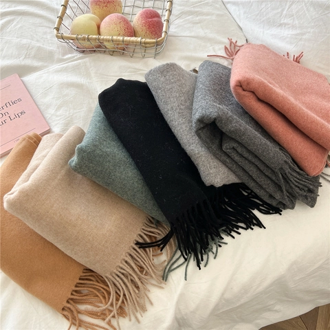 Bufanda De Lana Cálida Bufanda De Invierno Chal Con Borlas Color Sólido Elegante Calentador De Cuello De Punto Accesorio Mujer Hombre