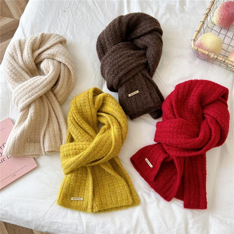 Bufanda De Punto De Color Sólido Invierno Grueso Acanalado Calentador De Cuello Suave Cálido Bufanda De Moda Con Etiqueta