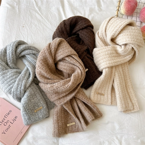 Bufanda De Punto De Color Sólido Invierno Grueso Acanalado Calentador De Cuello Suave Cálido Bufanda De Moda Con Etiqueta