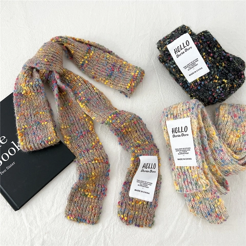 Confetti Knit Scarf For Women Winter Warm Long Narrow Neck Warmer Multi-Color Speckled Striped Vintage Style