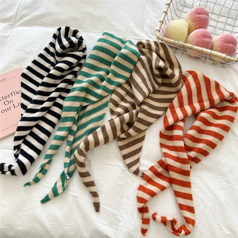 Knitted Striped Triangle Scarf Women Winter Warm Decorative Headscarf Small Neckerchief Korean Fashionable Neck Warmer