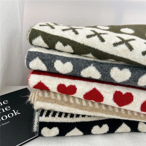 Winter Knit Scarf Heart Geometric Jacquard Pattern Warm Soft Thick Korean Style Long Muffler For Women