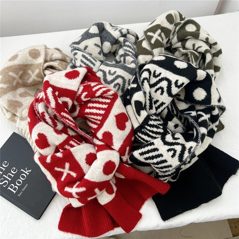 Winter Knit Scarf Heart Geometric Jacquard Pattern Warm Soft Thick Korean Style Long Muffler For Women