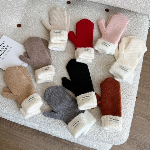 Women Winter Knitted Mittens Warm Thick Faux Lamb Wool Cuff Solid Color Thermal Outdoor Windproof Cold Weather