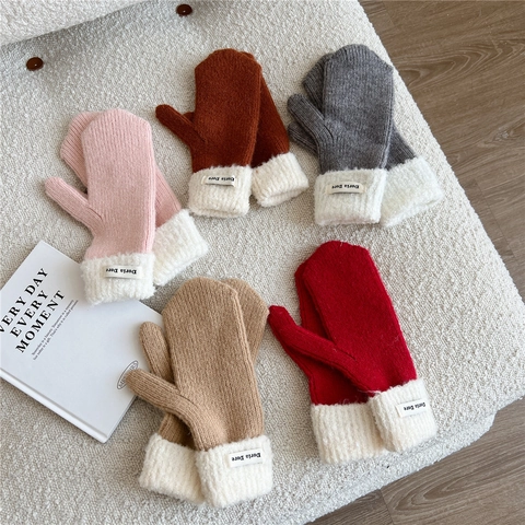 Women Winter Knitted Mittens Warm Thick Faux Lamb Wool Cuff Solid Color Thermal Outdoor Windproof Cold Weather