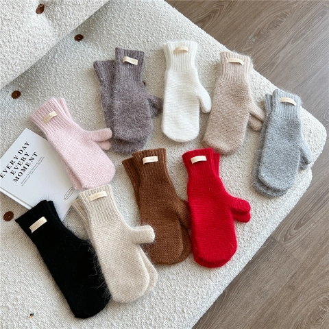 Damen Strickfäustlinge Verdickt Warm Plüsch Einfarbig Winter Handwärmer Weich Outdoor Kälteschutz