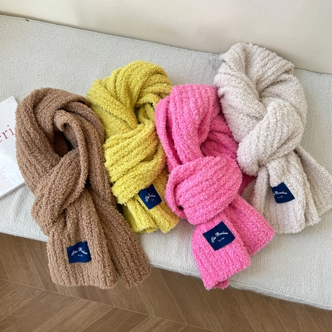Solid Color Winter Scarf Faux Lamb Wool Thick Warm Neck Warmer Soft Knit Wrap With Fashion Patch For Women